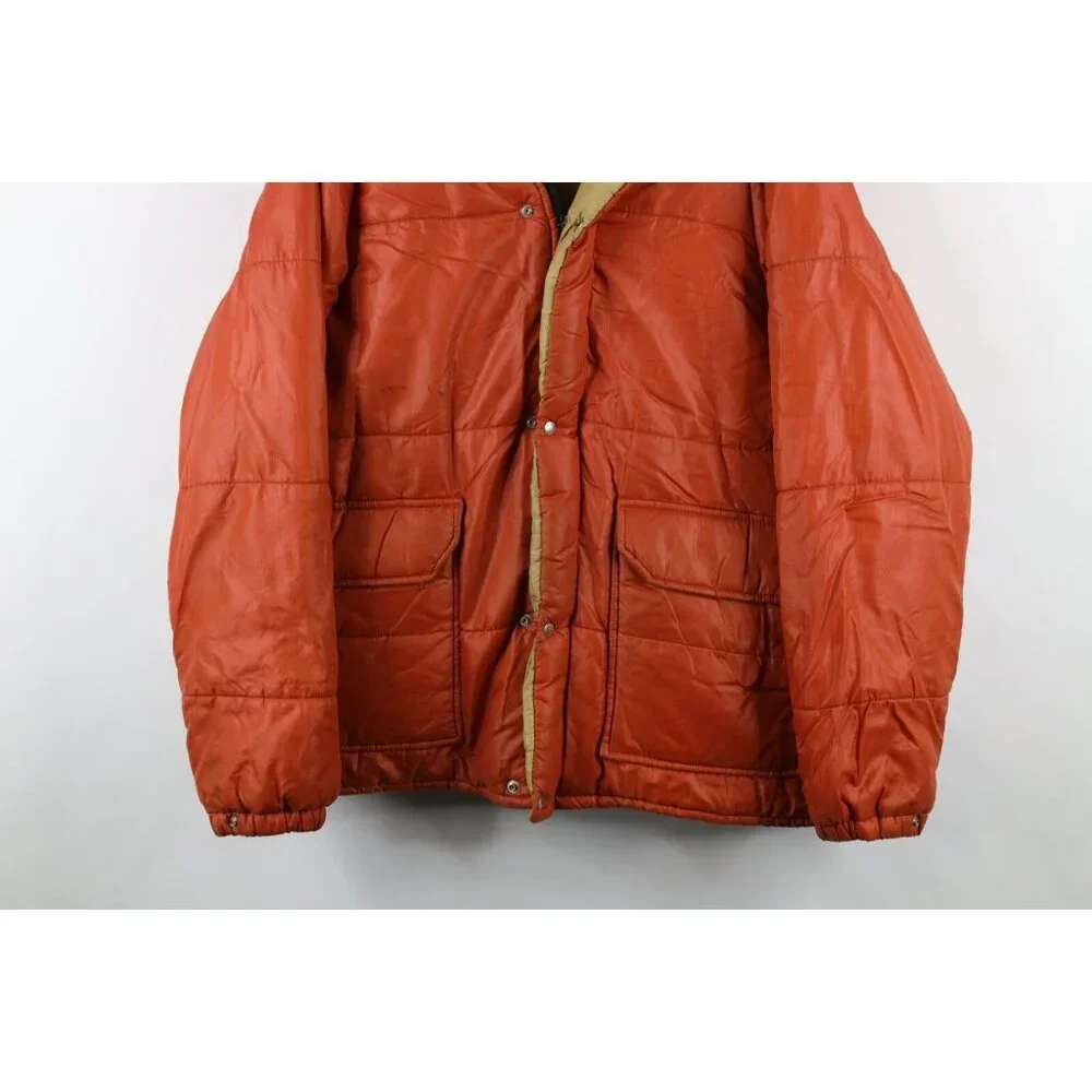 Vtg 70s Streetwear Mens XL Distressed Full Zip Winter Puffer Jacket Orange USA - Picture 3 of 16